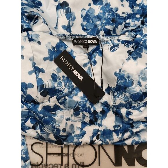 NWT FASHION NOVA White Blue Floral Puffy Mini Dress On Straps SIZE S - Picture 9 of 17
